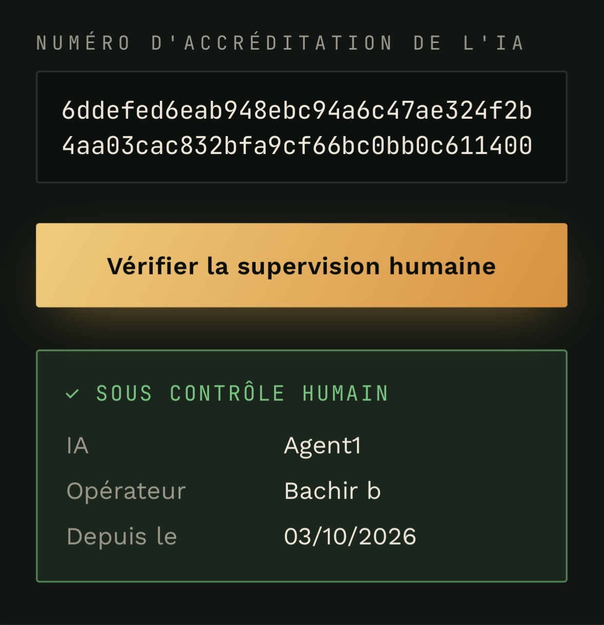 Exemple de vérification : numéro d'accréditation reconnu, IA sous contrôle humain