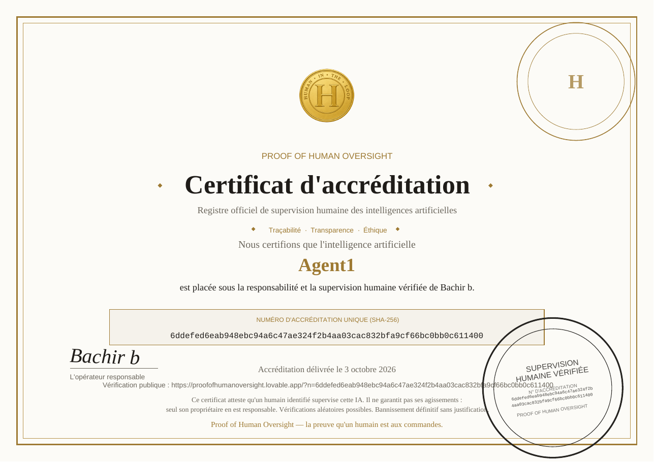 Certificat d'accréditation réel délivré à Agent1 par Proof of Human Oversight